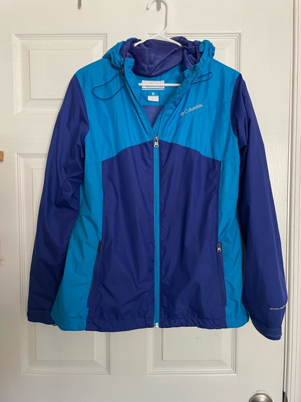 Columbia Women’s Large Two Tone Blue & Navy Lightweight Hooded Rain Jacket
